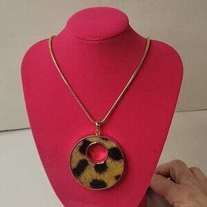 Retro Gold Tone Reversible Leopard Animal Print Pendant Necklace